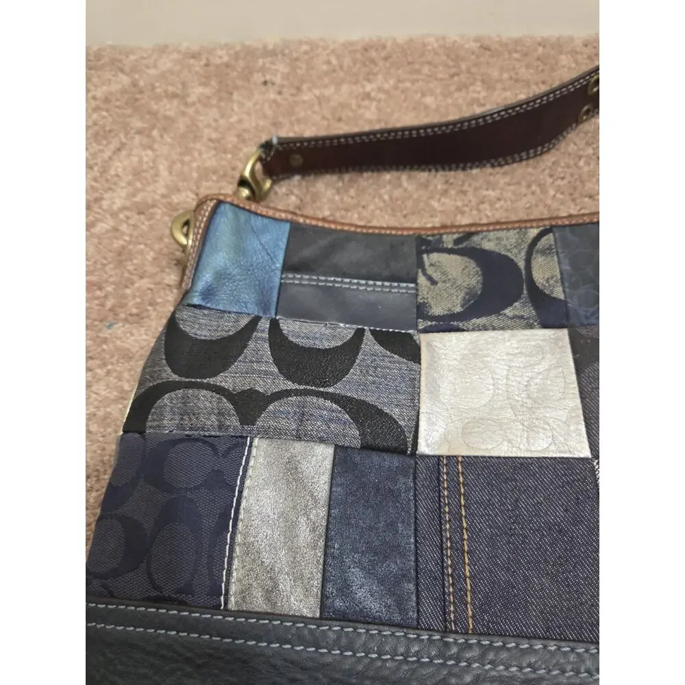 Coach Vintage B063-10003 Indigo Denim Blue Patchwork Leather Mixed Media Handbag